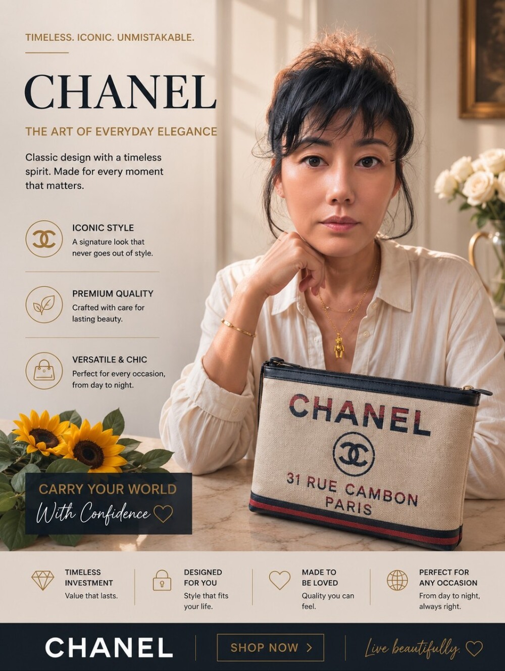 CHANEL Beige Canvas Pouch with Red and Navy Logo
